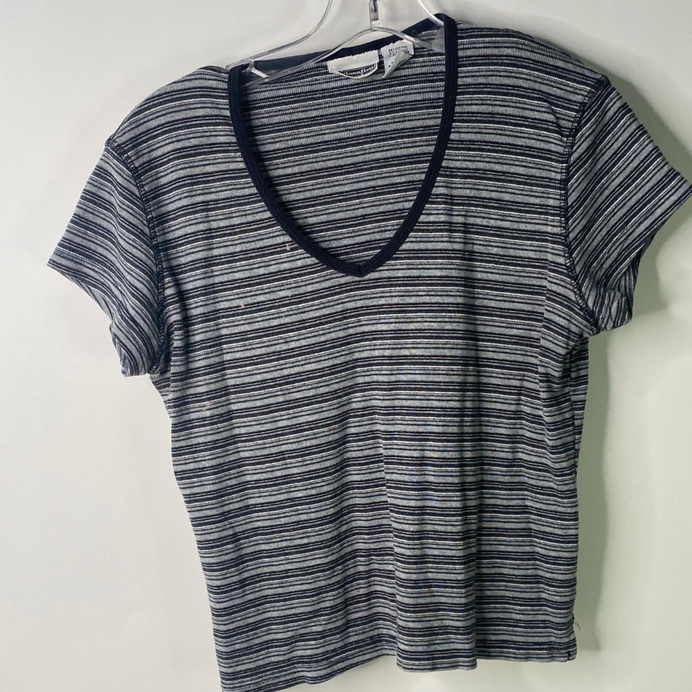 Vtg Xhilaration Navy and White Striped V-Neck Tee Women’s XL - Stained - 1305
